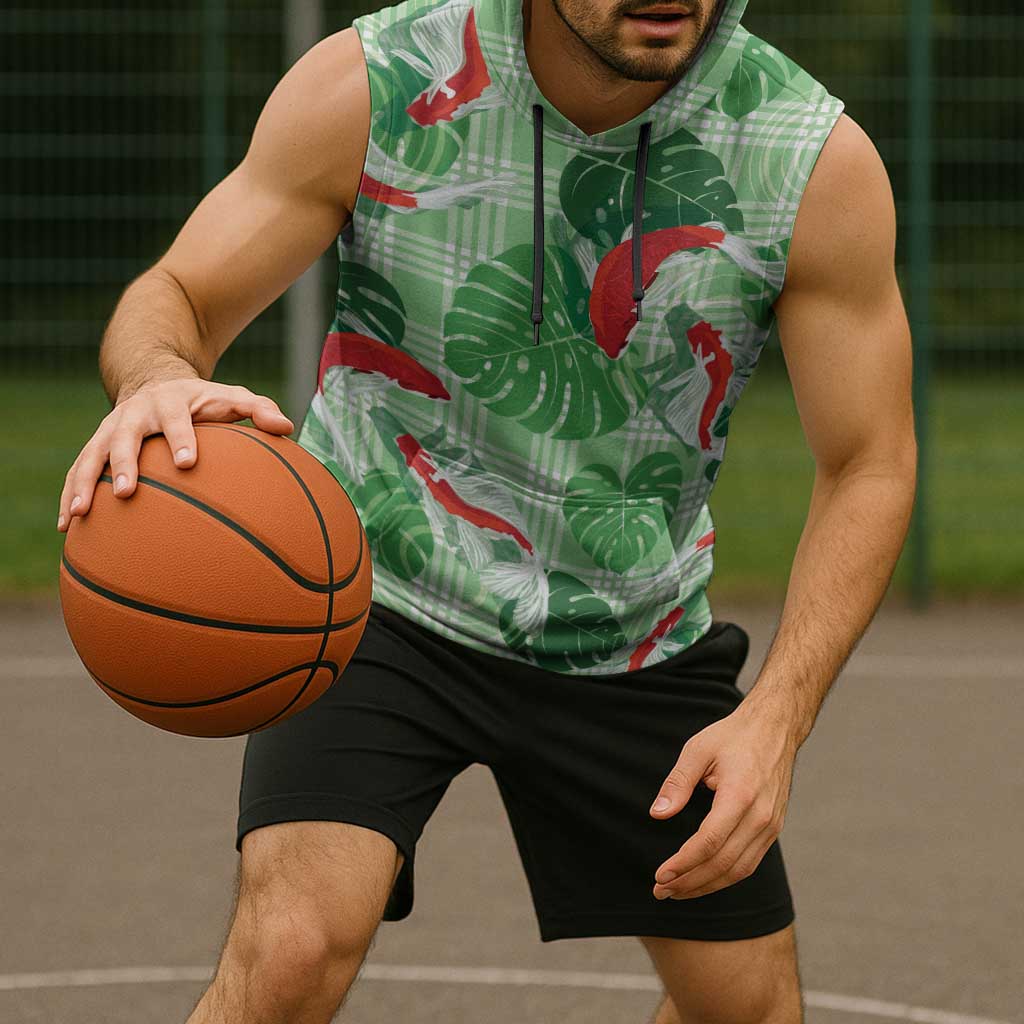 Lime Palaka Hawaii Aloha Sleeveless Hoodie Koi Pond Mix Monstera - Polynesian Pride
