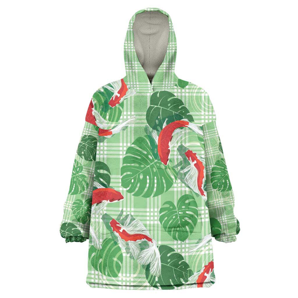 Lime Palaka Hawaii Aloha Wearable Blanket Hoodie Koi Pond Mix Monstera - Polynesian Pride