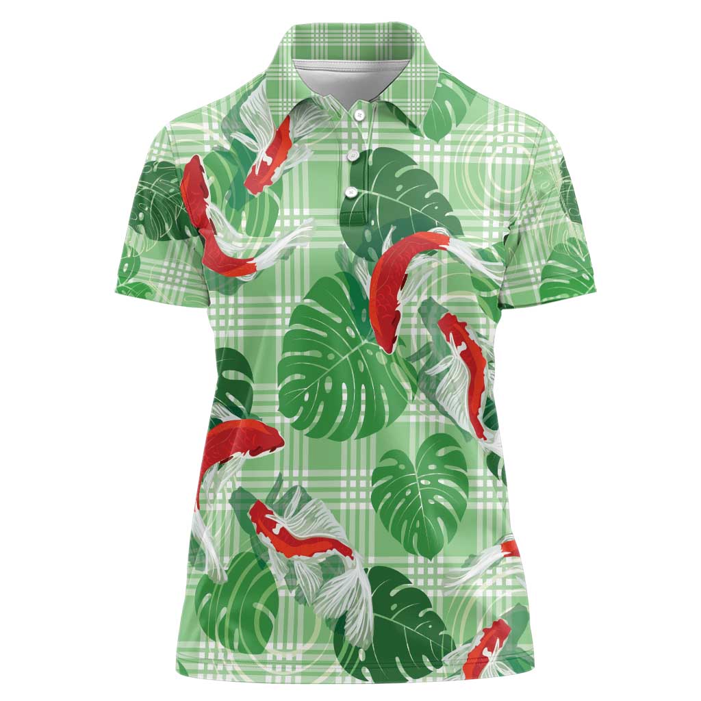 Lime Palaka Hawaii Aloha Women Polo Shirt Koi Pond Mix Monstera - Polynesian Pride