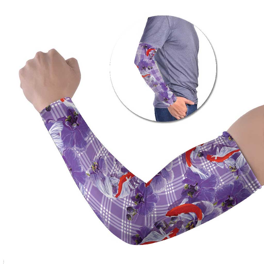 Lavender Palaka Hawaii Aloha Arm Sleeves Koi Pond Mix Orchids - Polynesian Pride