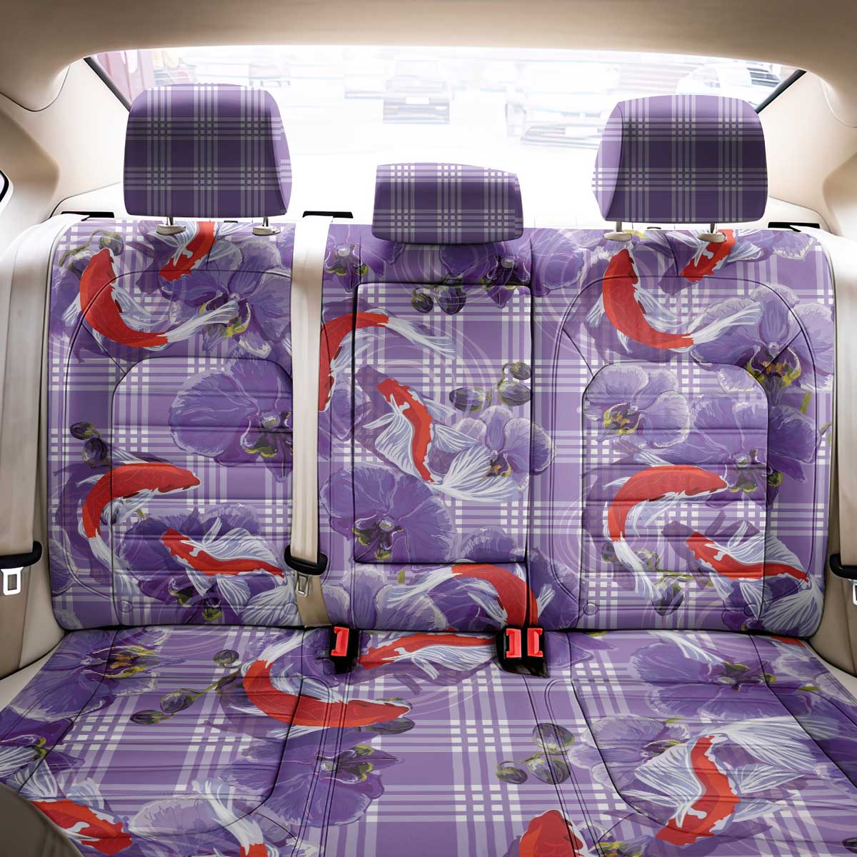 Lavender Palaka Hawaii Aloha Back Car Seat Cover Koi Pond Mix Orchids - Polynesian Pride