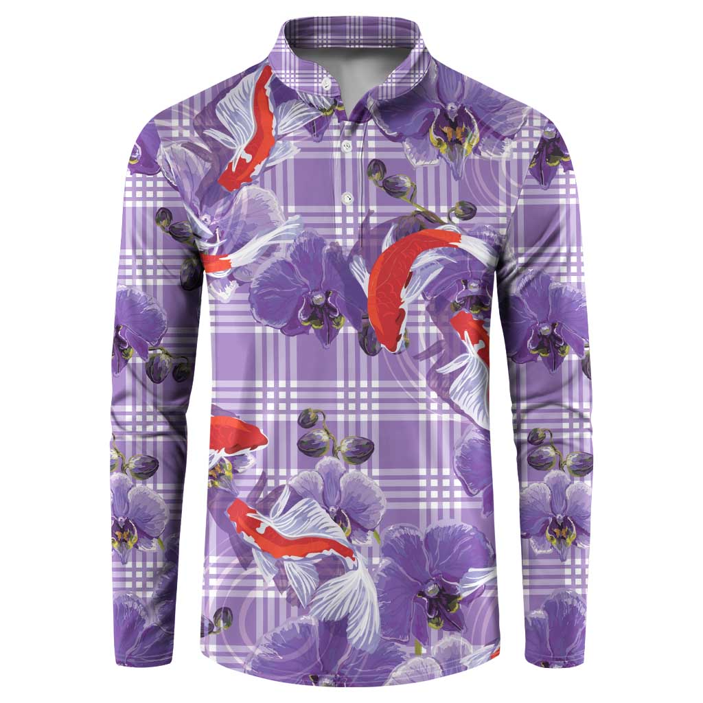 Lavender Palaka Hawaii Aloha Button Sweatshirt Koi Pond Mix Orchids - Polynesian Pride