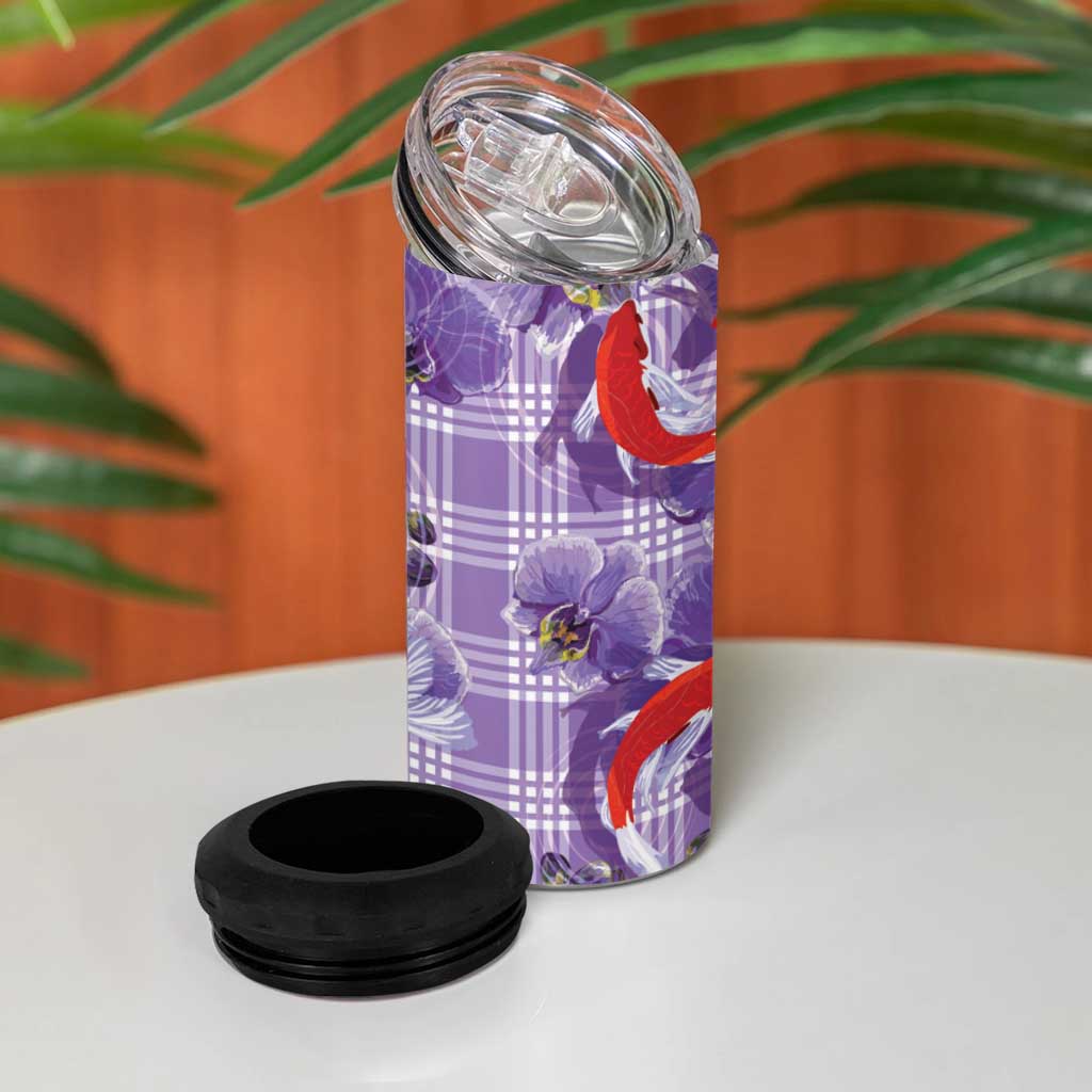 Lavender Palaka Hawaii Aloha 4 in 1 Can Cooler Tumbler Koi Pond Mix Orchids - Polynesian Pride