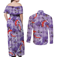 Lavender Palaka Hawaii Aloha Couples Matching Off Shoulder Maxi Dress and Long Sleeve Button Shirt Koi Pond Mix Orchids - Polynesian Pride