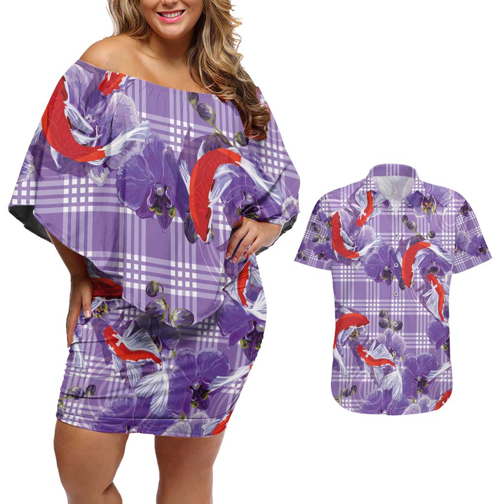Lavender Palaka Hawaii Aloha Couples Matching Off Shoulder Short Dress and Hawaiian Shirt Koi Pond Mix Orchids - Polynesian Pride