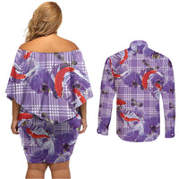 Lavender Palaka Hawaii Aloha Couples Matching Off Shoulder Short Dress and Long Sleeve Button Shirt Koi Pond Mix Orchids - Polynesian Pride