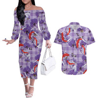 Lavender Palaka Hawaii Aloha Couples Matching Off The Shoulder Long Sleeve Dress and Hawaiian Shirt Koi Pond Mix Orchids - Polynesian Pride