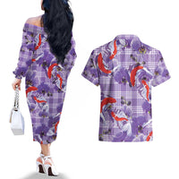 Lavender Palaka Hawaii Aloha Couples Matching Off The Shoulder Long Sleeve Dress and Hawaiian Shirt Koi Pond Mix Orchids - Polynesian Pride