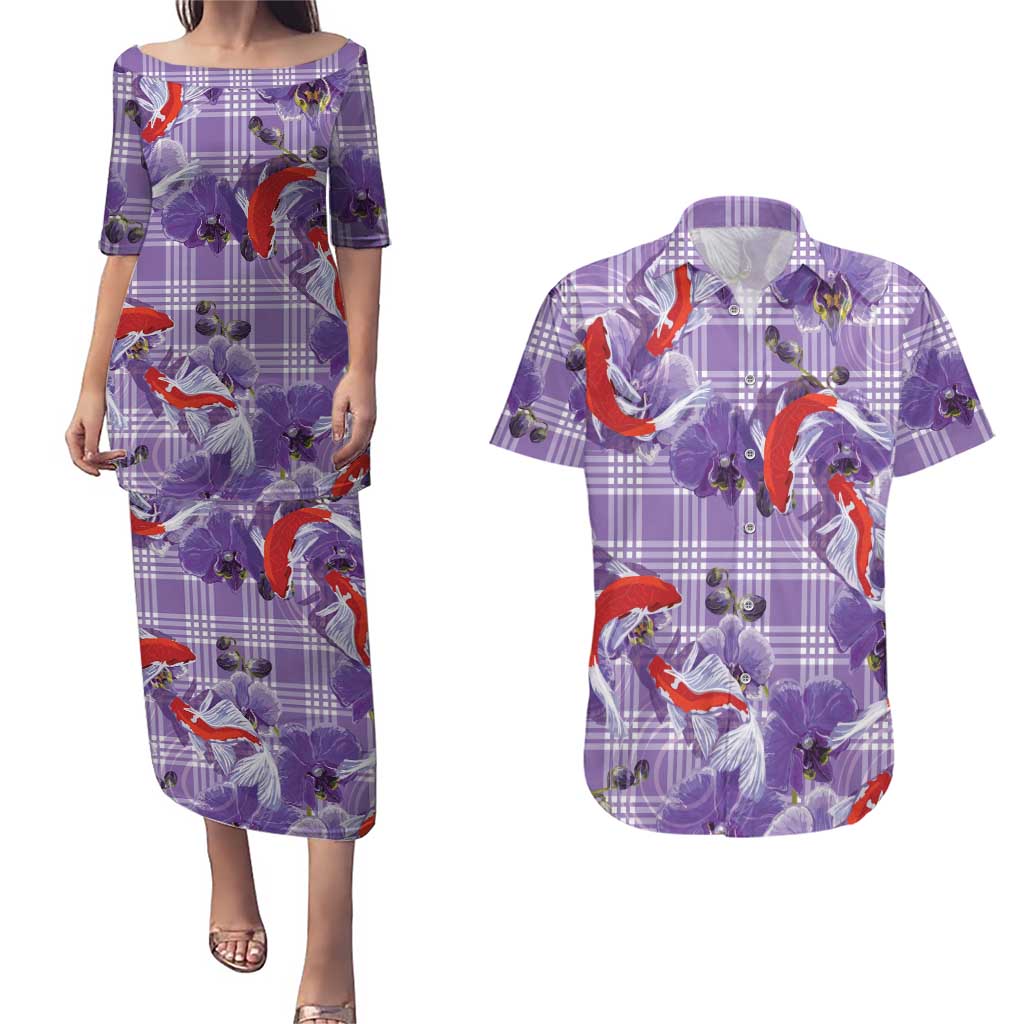 Lavender Palaka Hawaii Aloha Couples Matching Puletasi and Hawaiian Shirt Koi Pond Mix Orchids LT7 Purple - Polynesian Pride