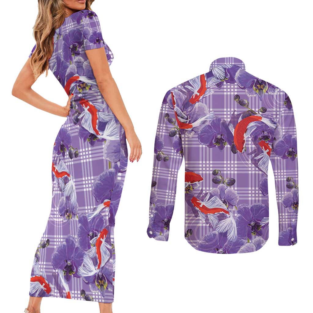 Lavender Palaka Hawaii Aloha Couples Matching Short Sleeve Bodycon Dress and Long Sleeve Button Shirt Koi Pond Mix Orchids - Polynesian Pride