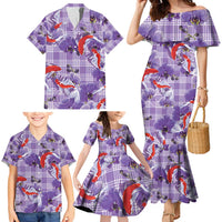 Lavender Palaka Hawaii Aloha Family Matching Mermaid Dress and Hawaiian Shirt Koi Pond Mix Orchids - Polynesian Pride