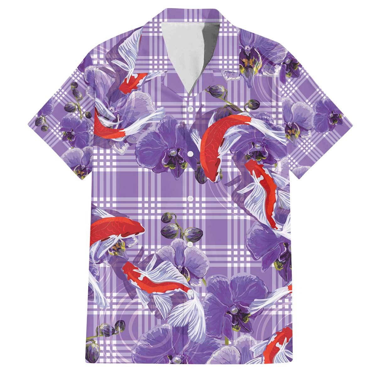 Lavender Palaka Hawaii Aloha Family Matching Off The Shoulder Long Sleeve Dress and Hawaiian Shirt Koi Pond Mix Orchids - Polynesian Pride