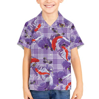 Lavender Palaka Hawaii Aloha Family Matching Off The Shoulder Long Sleeve Dress and Hawaiian Shirt Koi Pond Mix Orchids - Polynesian Pride