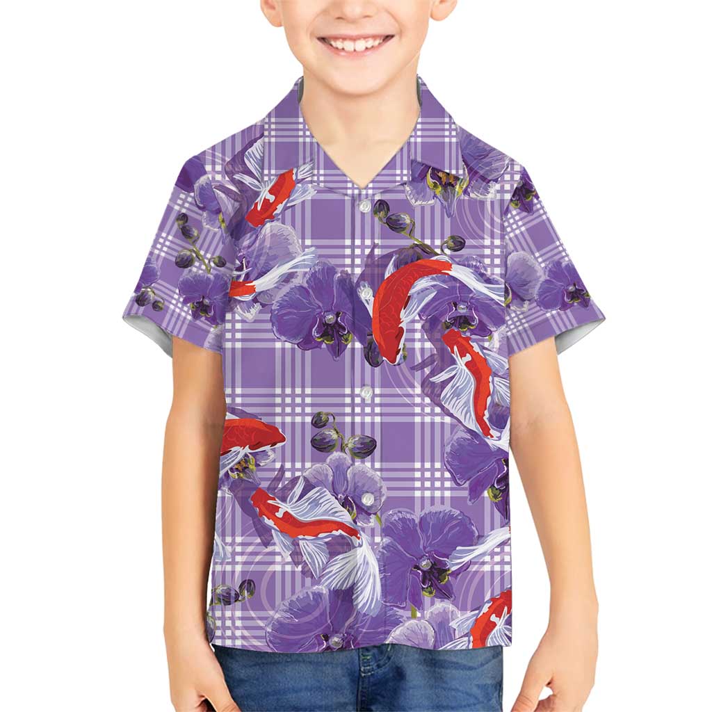 Lavender Palaka Hawaii Aloha Family Matching Off Shoulder Short Dress and Hawaiian Shirt Koi Pond Mix Orchids - Polynesian Pride