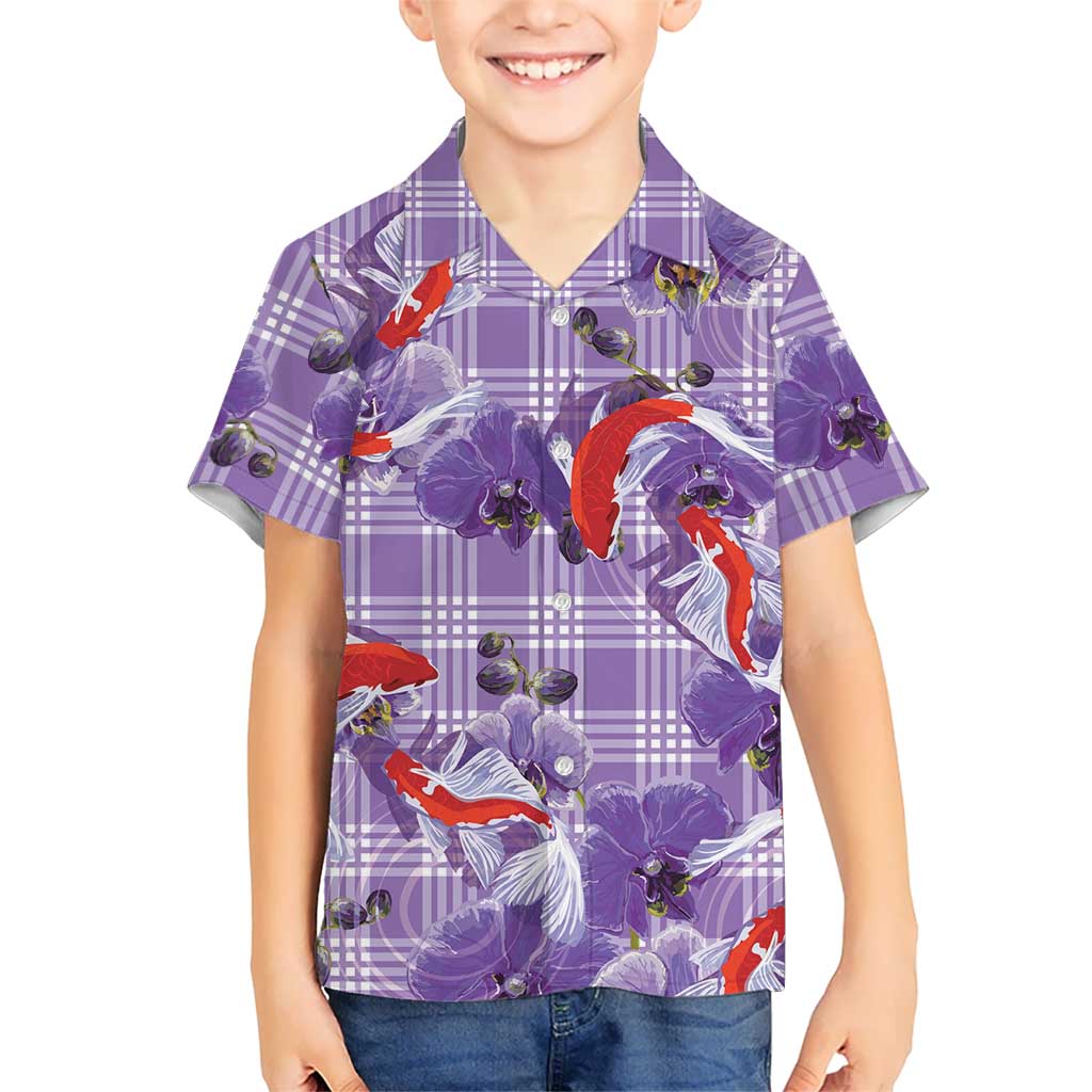Lavender Palaka Hawaii Aloha Kid Hawaiian Shirt Koi Pond Mix Orchids LT7 Kid Purple - Polynesian Pride