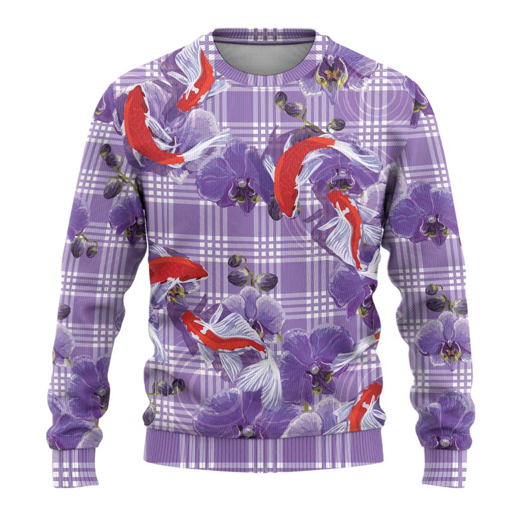 Lavender Palaka Hawaii Aloha Ugly Christmas Sweater Koi Pond Mix Orchids - Polynesian Pride