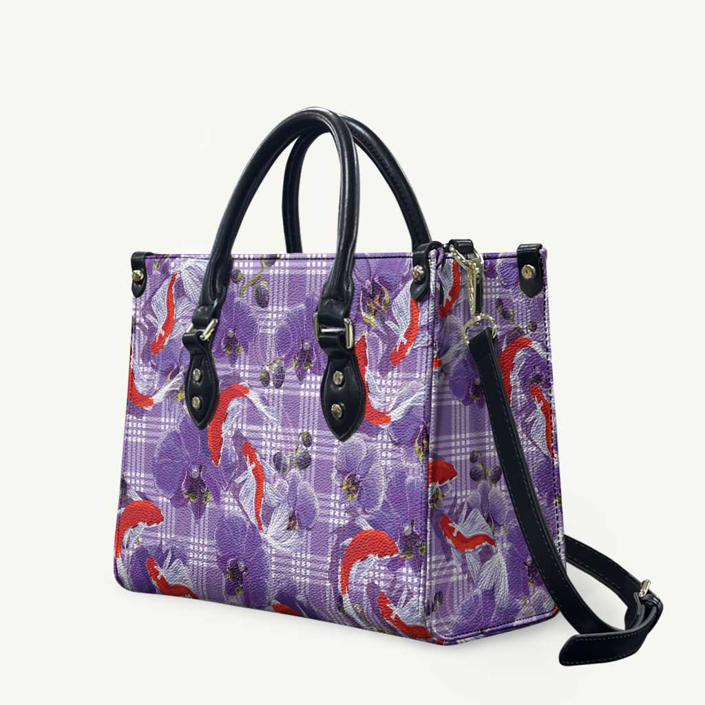 Lavender Palaka Hawaii Aloha Leather Bag Koi Pond Mix Orchids - Polynesian Pride