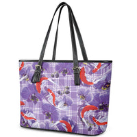 Lavender Palaka Hawaii Aloha Leather Tote Bag Koi Pond Mix Orchids - Polynesian Pride
