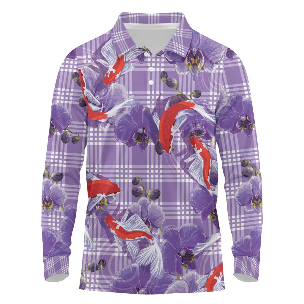 Lavender Palaka Hawaii Aloha Long Sleeve Polo Shirt Koi Pond Mix Orchids - Polynesian Pride