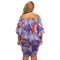 Lavender Palaka Hawaii Aloha Off Shoulder Short Dress Koi Pond Mix Orchids - Polynesian Pride
