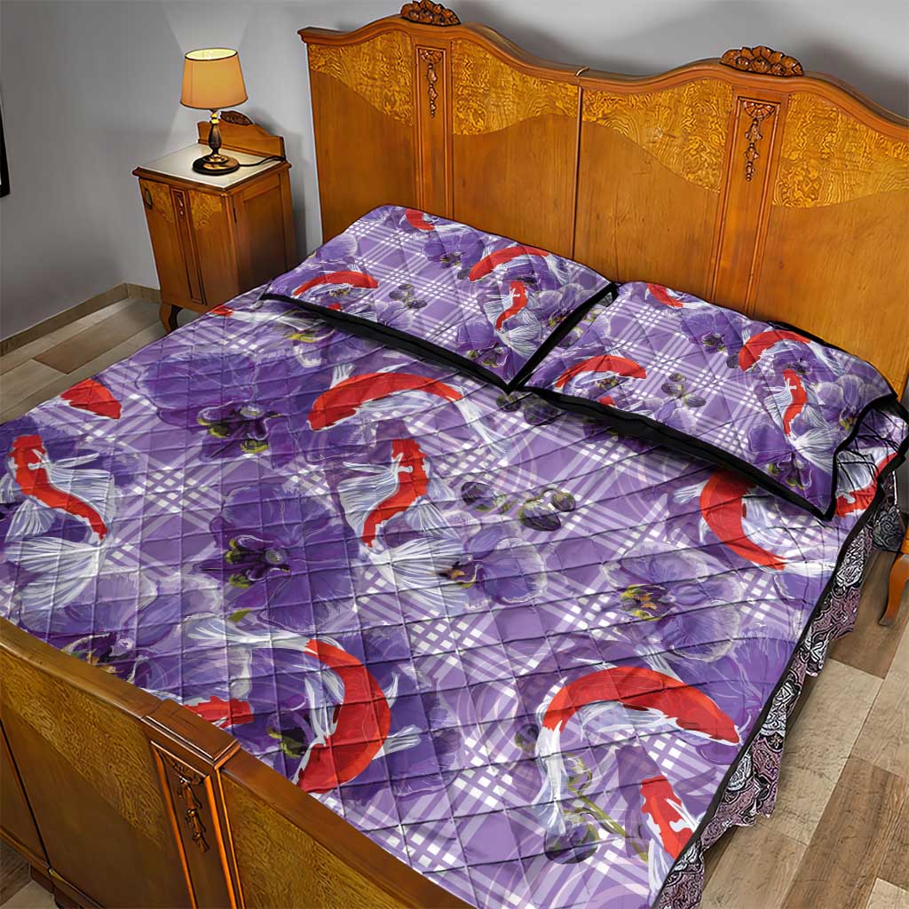 Lavender Palaka Hawaii Aloha Quilt Bed Set Koi Pond Mix Orchids - Polynesian Pride