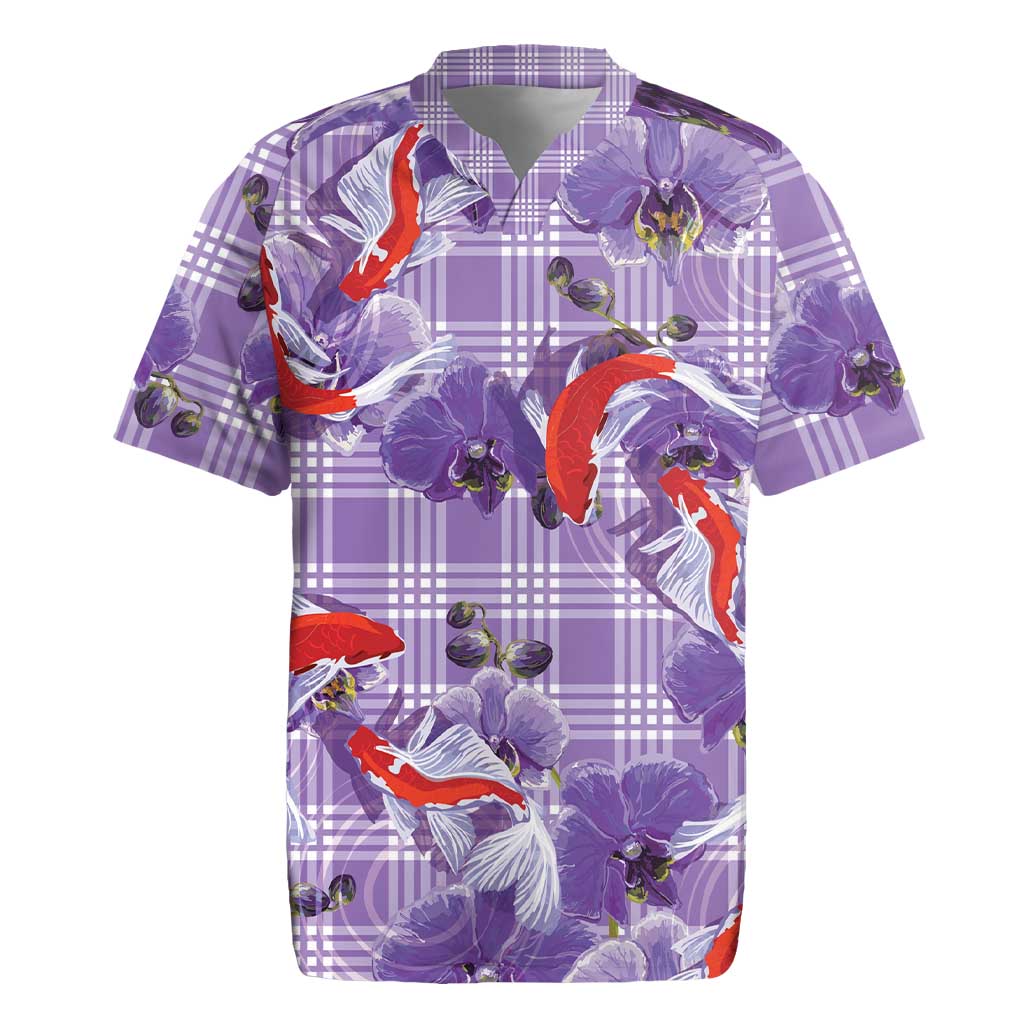Lavender Palaka Hawaii Aloha Rugby Jersey Koi Pond Mix Orchids - Polynesian Pride