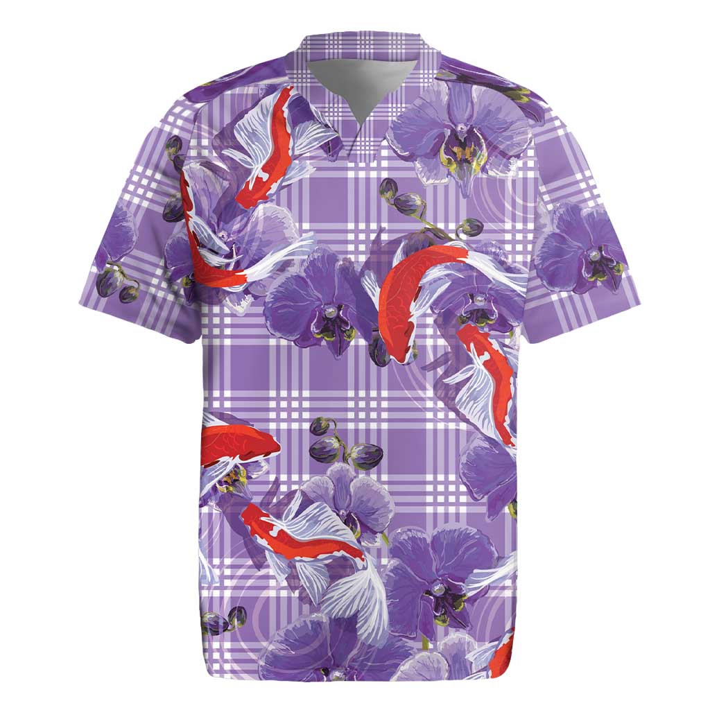 Lavender Palaka Hawaii Aloha Rugby Jersey Koi Pond Mix Orchids - Polynesian Pride