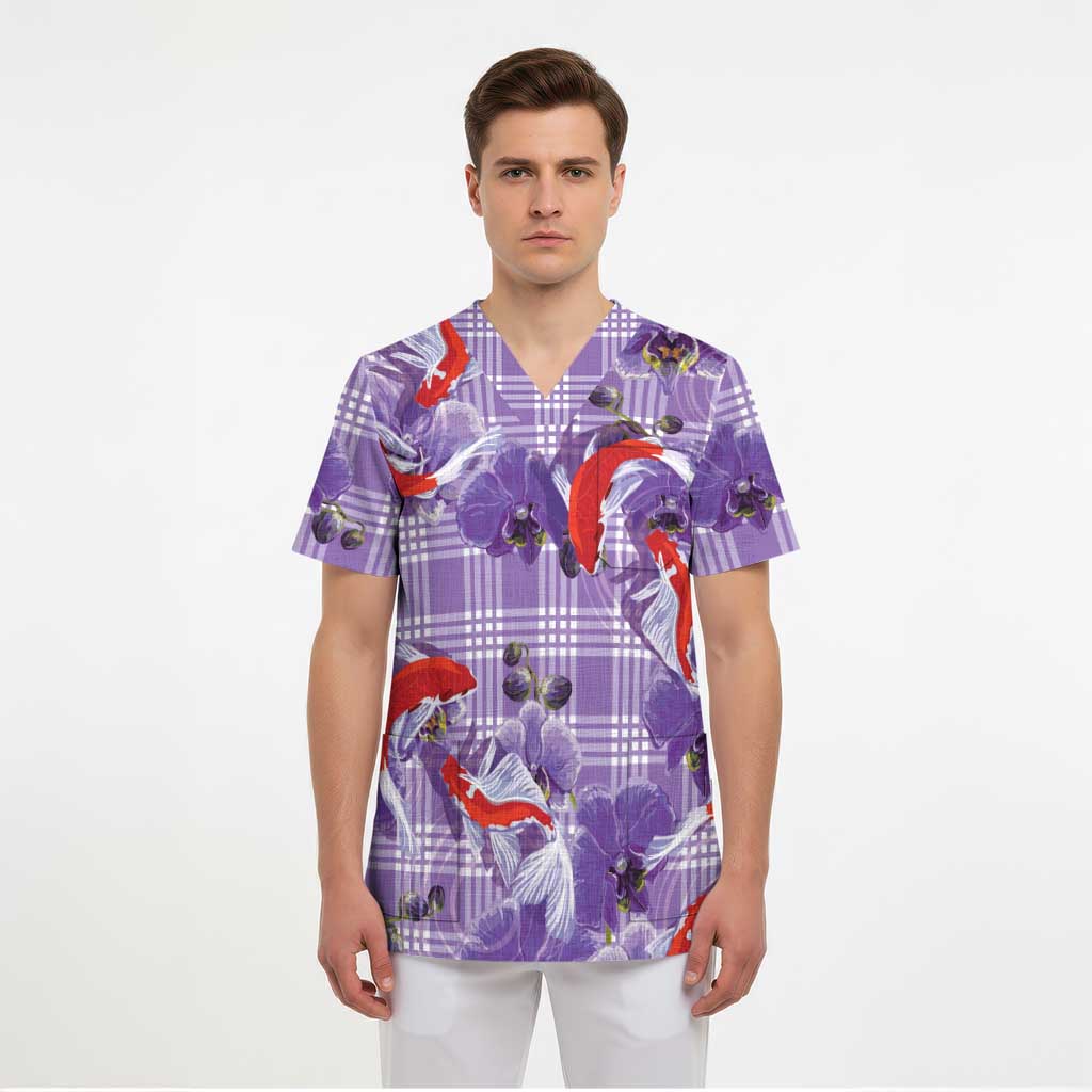 Lavender Palaka Hawaii Aloha Scrub Top Koi Pond Mix Orchids - Polynesian Pride