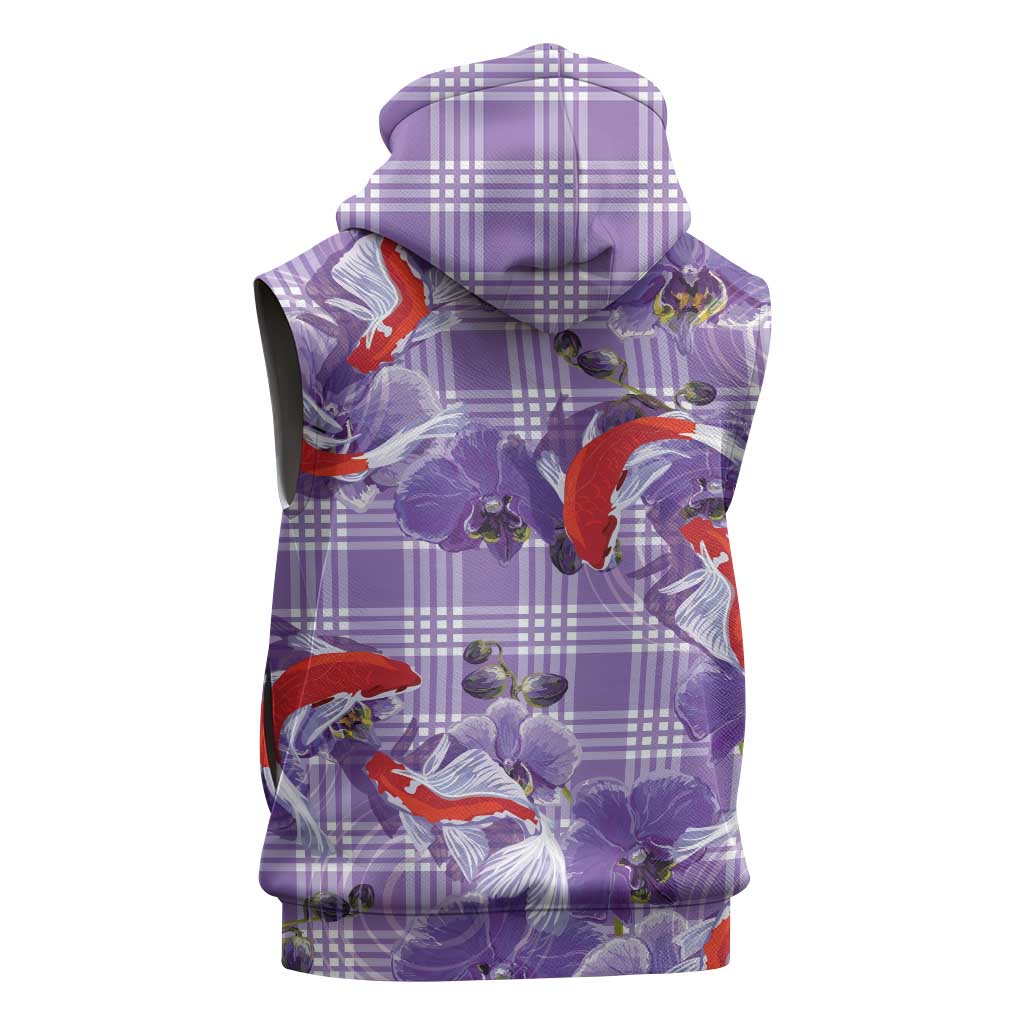 Lavender Palaka Hawaii Aloha Sleeveless Hoodie Koi Pond Mix Orchids - Polynesian Pride