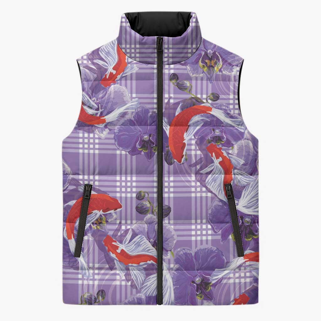 Lavender Palaka Hawaii Aloha Sleeveless Puffer Jacket Koi Pond Mix Orchids - Polynesian Pride