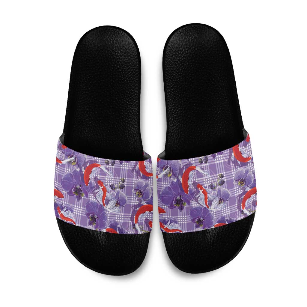 Lavender Palaka Hawaii Aloha Slide Sandals Koi Pond Mix Orchids - Polynesian Pride