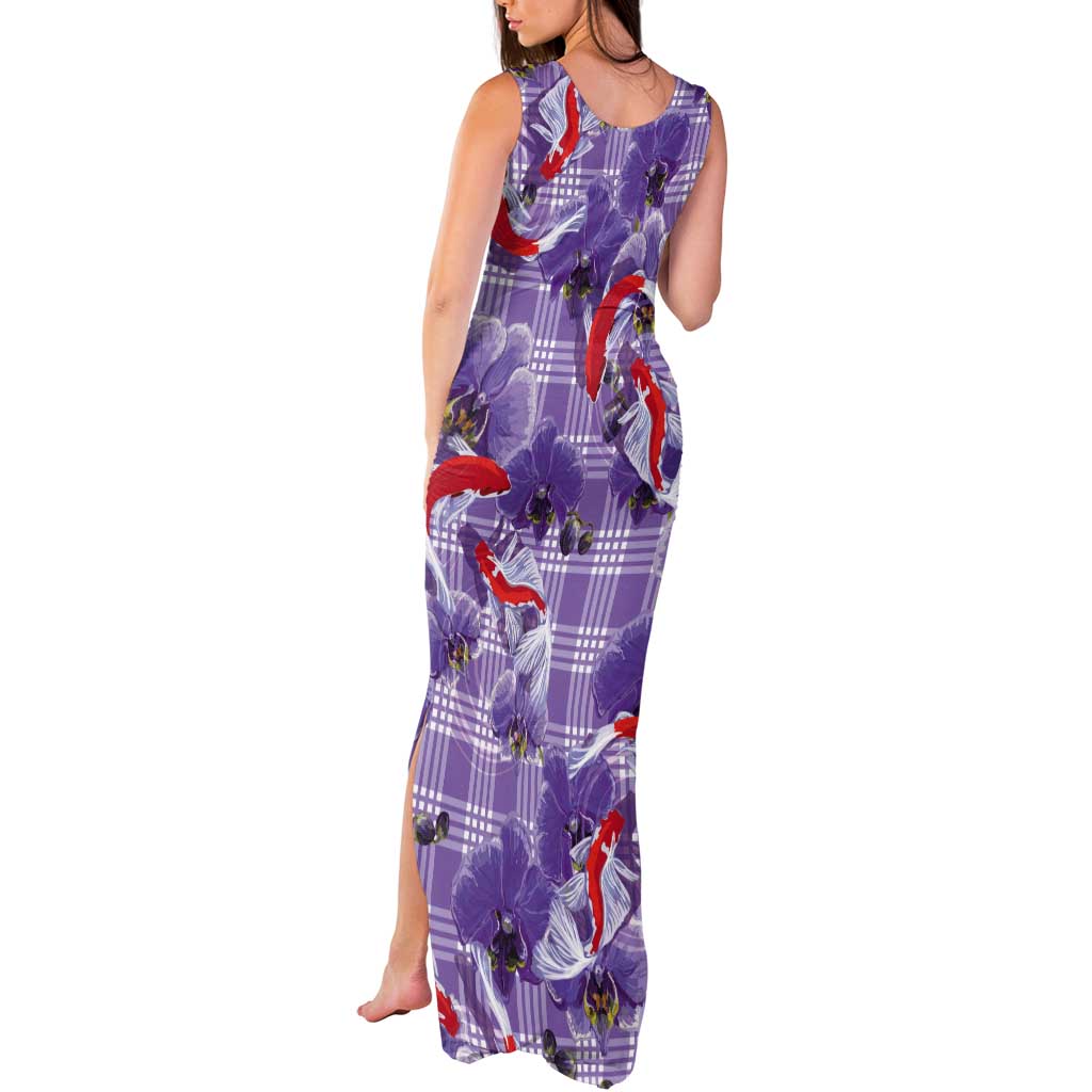 Lavender Palaka Hawaii Aloha Tank Maxi Dress Koi Pond Mix Orchids - Polynesian Pride