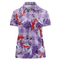 Lavender Palaka Hawaii Aloha Women Polo Shirt Koi Pond Mix Orchids - Polynesian Pride