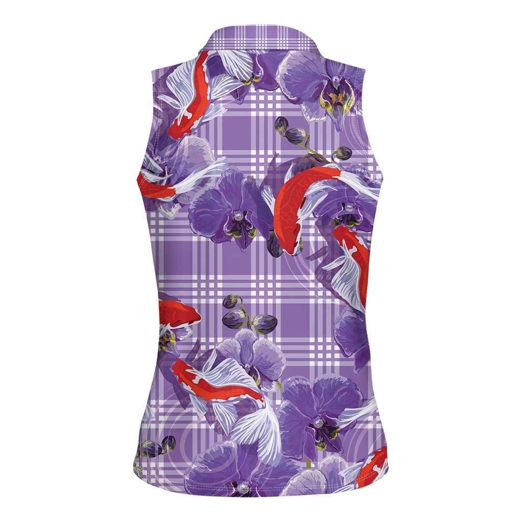 Lavender Palaka Hawaii Aloha Women Sleeveless Polo Shirt Koi Pond Mix Orchids - Polynesian Pride