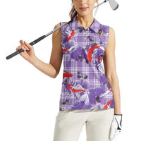 Lavender Palaka Hawaii Aloha Women Sleeveless Polo Shirt Koi Pond Mix Orchids - Polynesian Pride