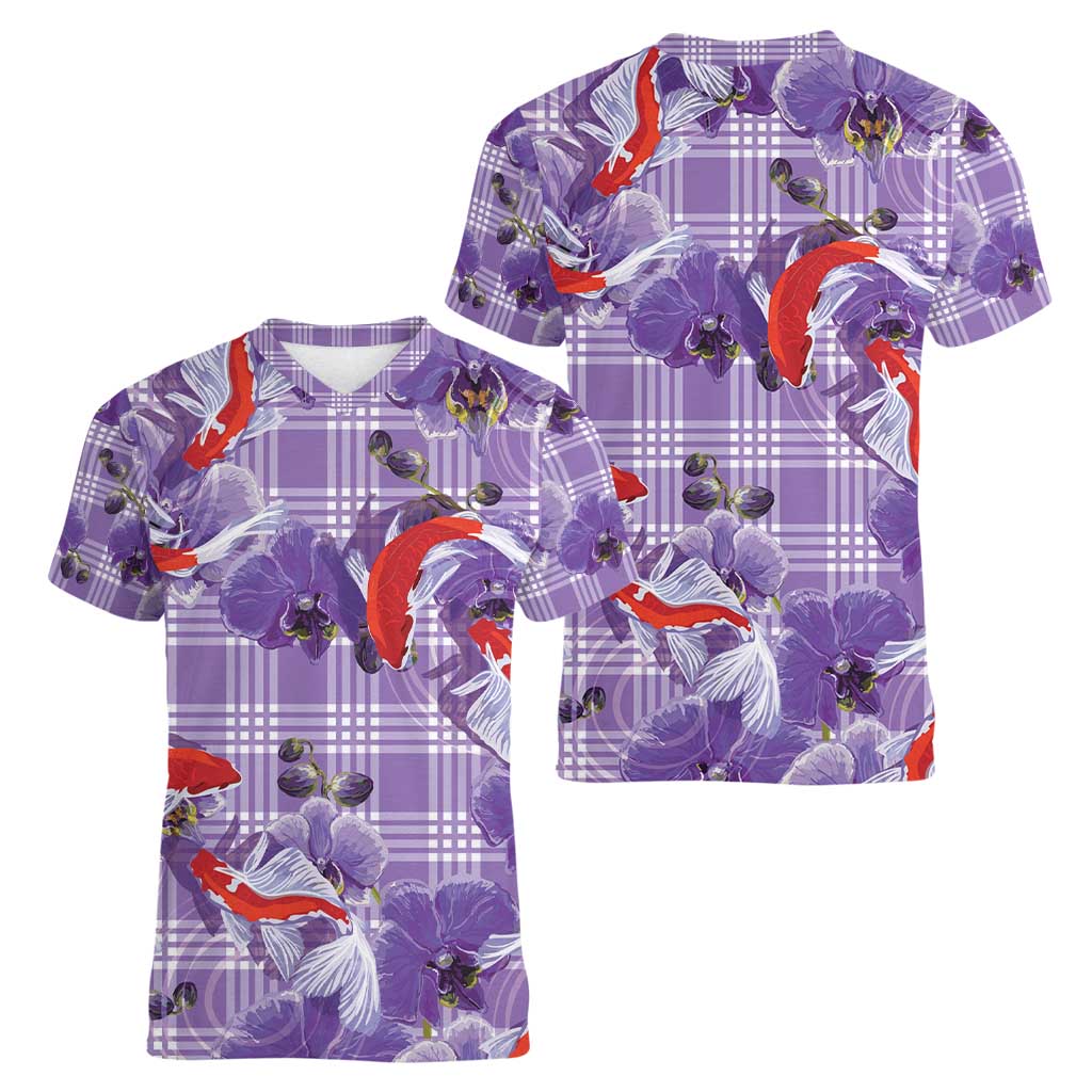Lavender Palaka Hawaii Aloha Women V-Neck T-Shirt Koi Pond Mix Orchids - Polynesian Pride