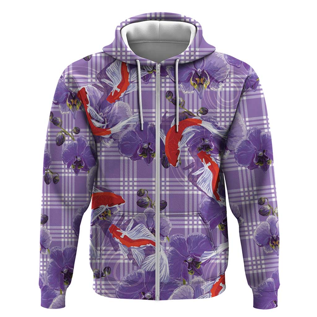 Lavender Palaka Hawaii Aloha Zip Hoodie Koi Pond Mix Orchids - Polynesian Pride