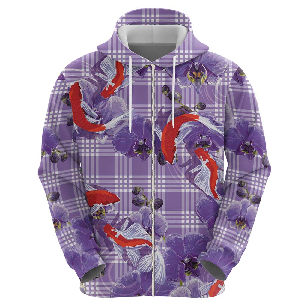 Lavender Palaka Hawaii Aloha Zip Hoodie Koi Pond Mix Orchids - Polynesian Pride