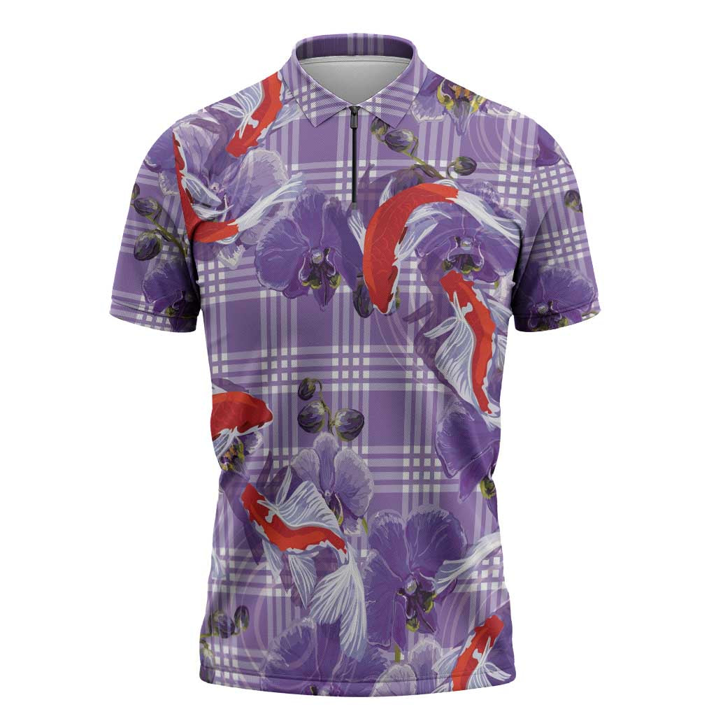 Lavender Palaka Hawaii Aloha Zipper Polo Shirt Koi Pond Mix Orchids - Polynesian Pride