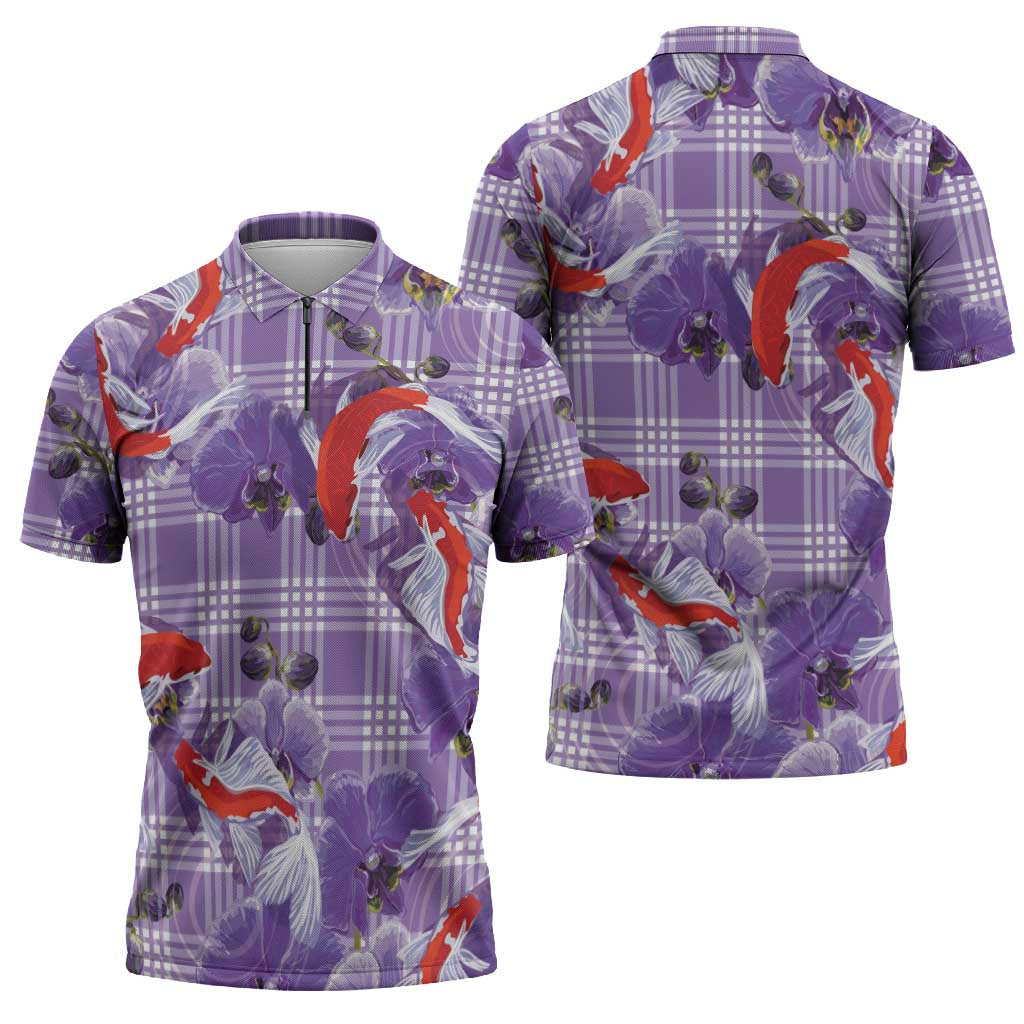 Lavender Palaka Hawaii Aloha Zipper Polo Shirt Koi Pond Mix Orchids - Polynesian Pride