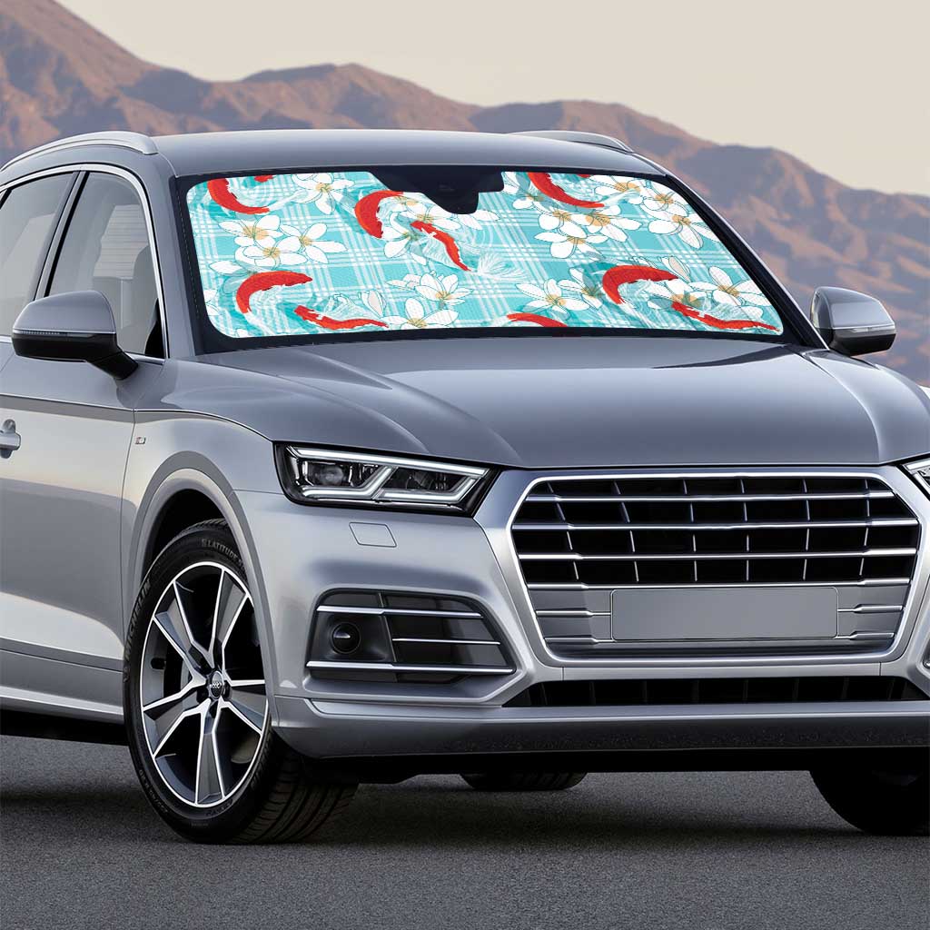 Turquoise Palaka Hawaii Aloha Auto Sun Shade Koi Pond Mix Plumeria - Polynesian Pride