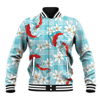 Turquoise Palaka Hawaii Aloha Baseball Jacket Koi Pond Mix Plumeria - Polynesian Pride
