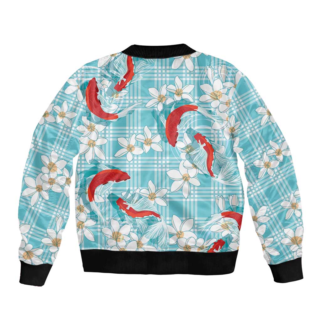 Turquoise Palaka Hawaii Aloha Bomber Jacket Koi Pond Mix Plumeria - Polynesian Pride