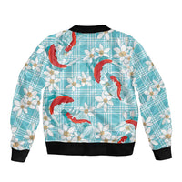 Turquoise Palaka Hawaii Aloha Bomber Jacket Koi Pond Mix Plumeria - Polynesian Pride