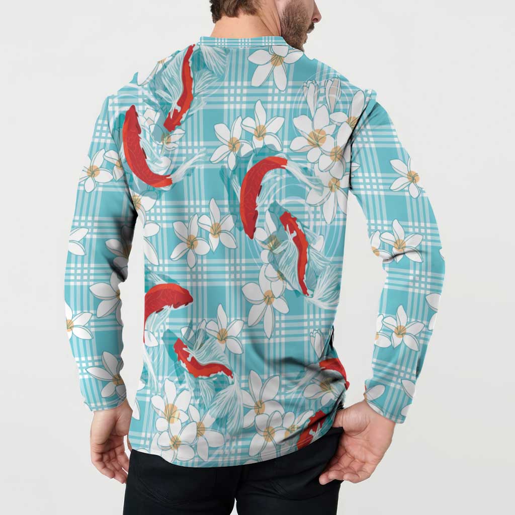 Turquoise Palaka Hawaii Aloha Button Sweatshirt Koi Pond Mix Plumeria - Polynesian Pride