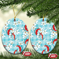 Turquoise Palaka Hawaii Aloha Ceramic Ornament Koi Pond Mix Plumeria - Polynesian Pride