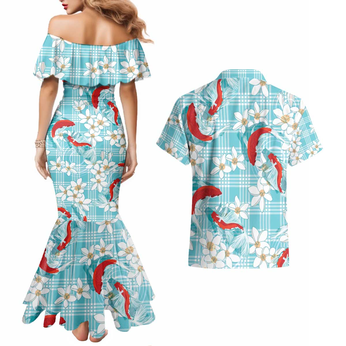 Turquoise Palaka Hawaii Aloha Couples Matching Mermaid Dress and Hawaiian Shirt Koi Pond Mix Plumeria - Polynesian Pride