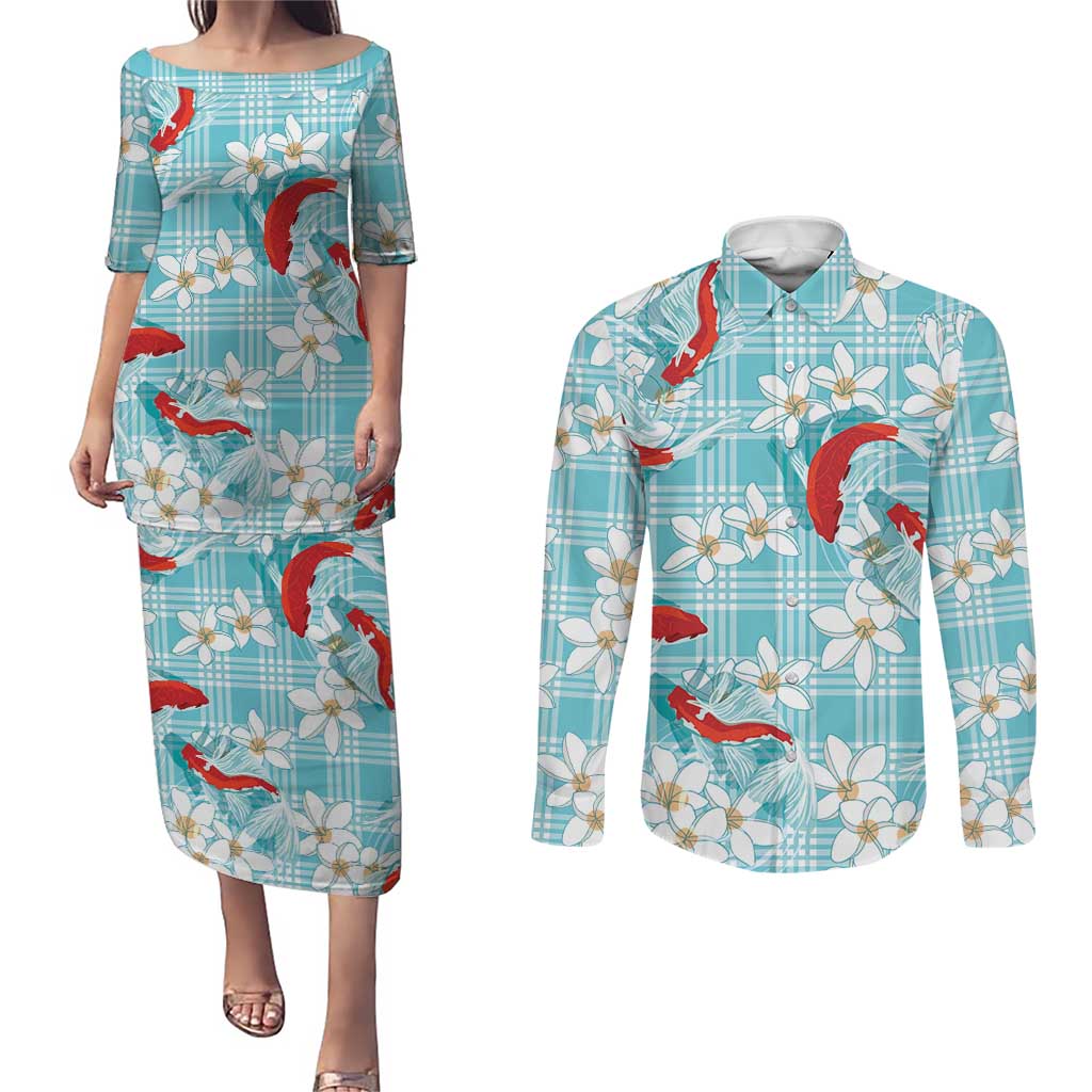 Turquoise Palaka Hawaii Aloha Couples Matching Puletasi and Long Sleeve Button Shirt Koi Pond Mix Plumeria LT7 Turquoise - Polynesian Pride