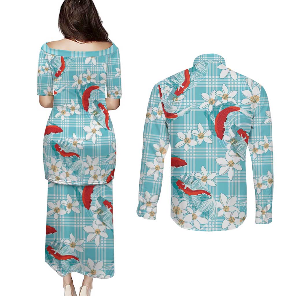 Turquoise Palaka Hawaii Aloha Couples Matching Puletasi and Long Sleeve Button Shirt Koi Pond Mix Plumeria LT7 - Polynesian Pride