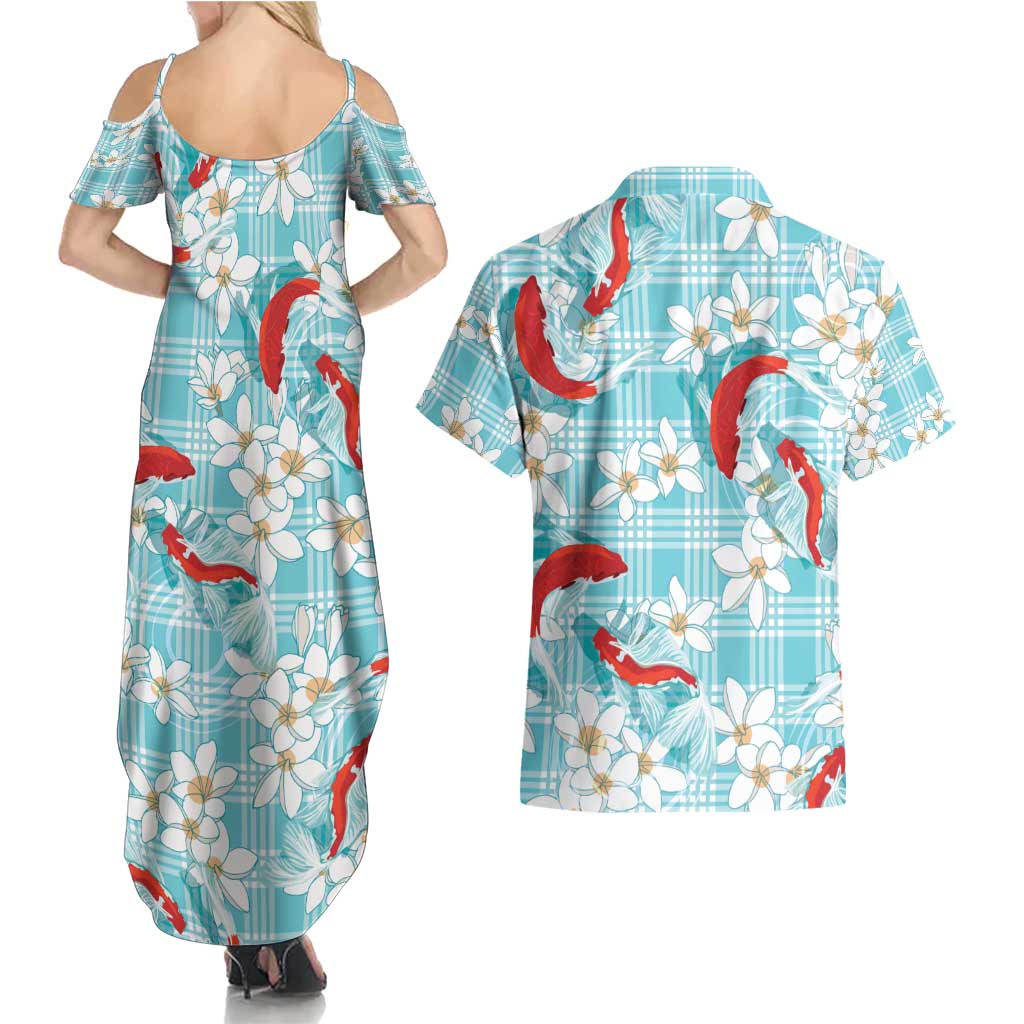 Turquoise Palaka Hawaii Aloha Couples Matching Summer Maxi Dress and Hawaiian Shirt Koi Pond Mix Plumeria - Polynesian Pride